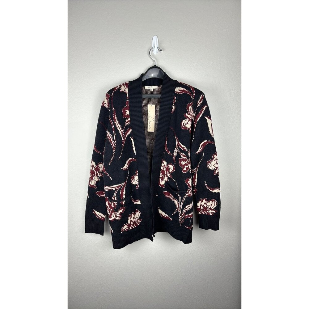 Les Serein - Medium - Navy Floral Open-Front Cardigan With Ribbed Edges